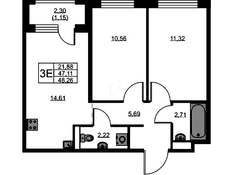 2-комнатная квартира 48.26 м², 5/9 эт., ЖК «GloraX Новоселье»